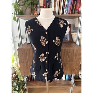 Vintage 90s Black Floral Vest Rayon Button Front Tie Back Minimal Chic